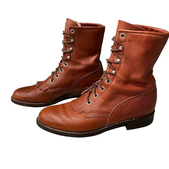 VTG Justin Roper Boots Women's 7B Brown Leather Lace Up Tassle Vibram Sole USA - Picture 3 of 10